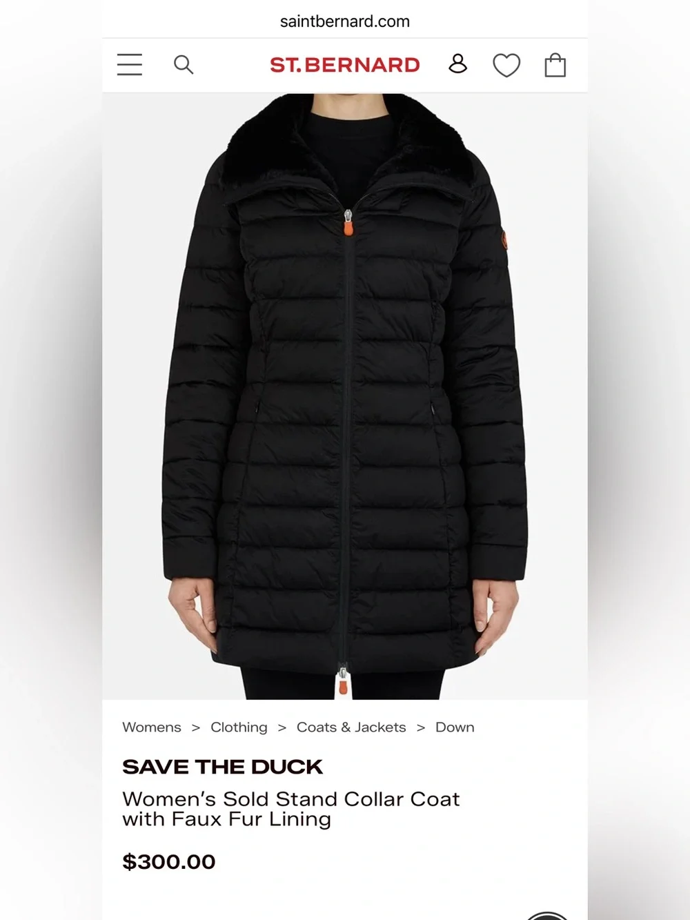 SAVE THE DUCK Women's Dark Gray Quilted Puffer Coat with Faux Fur Collar